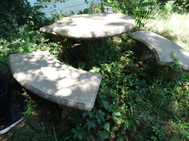 lot 2025 image: Cement patio table & 3 cement patio benches