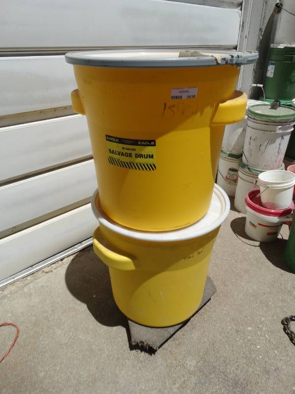 lot 2039 image: 2 eagle safety 20 gallon drums w lids & roller cart