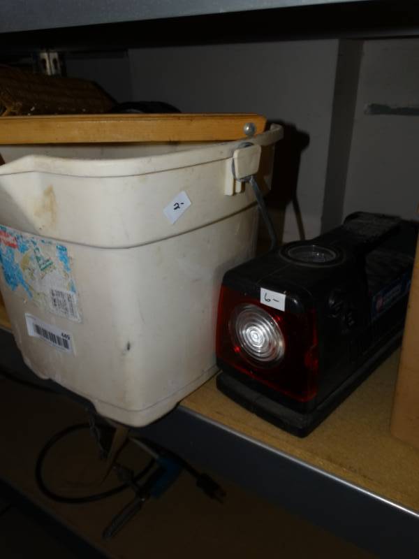 lot 449 image: Bucket with small flower pots and a campbell hausefeld compressor and light.