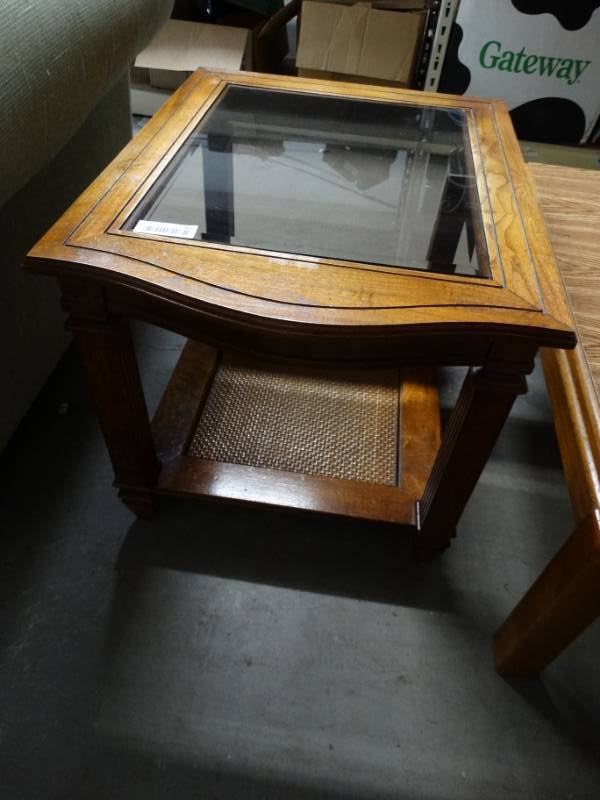 lot 466 image: Wooden end table with glass top.