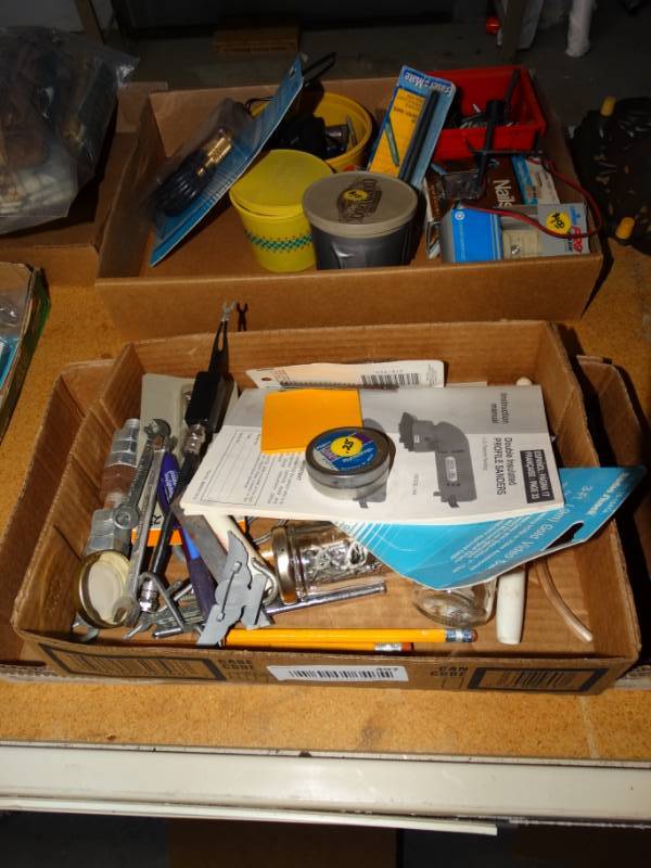lot 497 image: Lot with tape measures, screws, Gold video cable, nails and more.