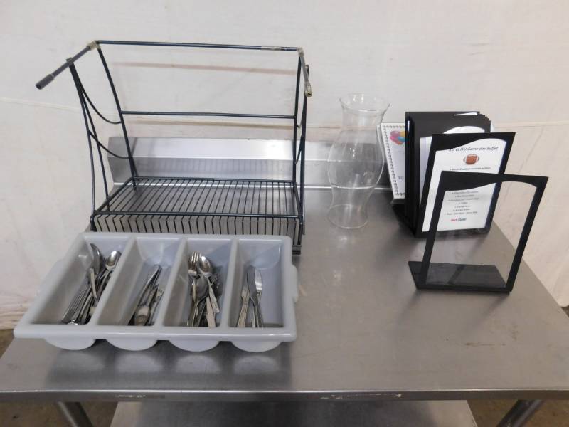 lot 2141 image: Metal Display Shelf, Silverware Caddy, Glass Globe and Menus
