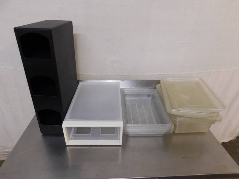 lot 2143 image: Dispense-Rite Condiment Display and Plastic Pans with Lids