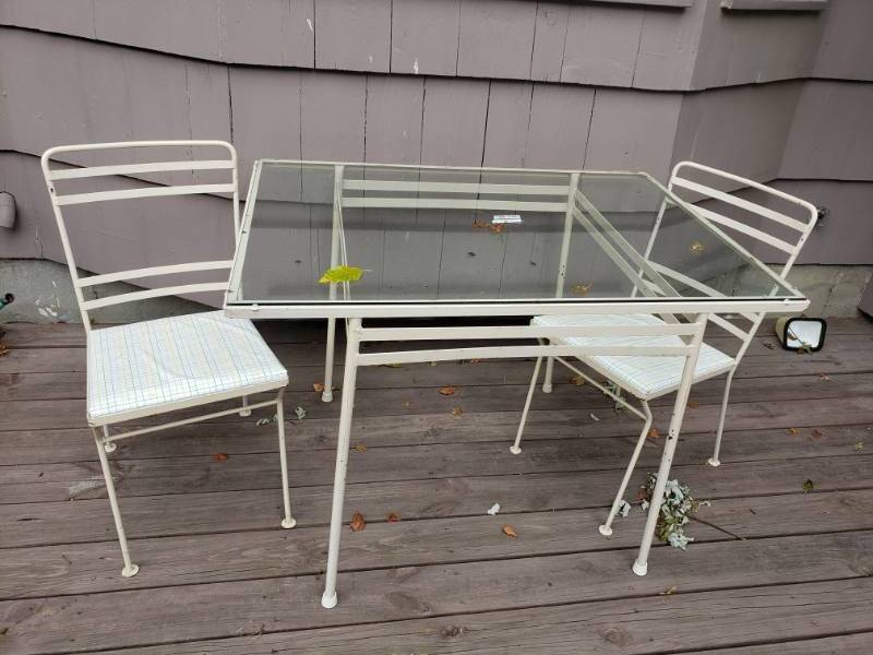 lot 1841 image: Rectangular Glass Top Wrought Iron Patio Table with Matching Chairs