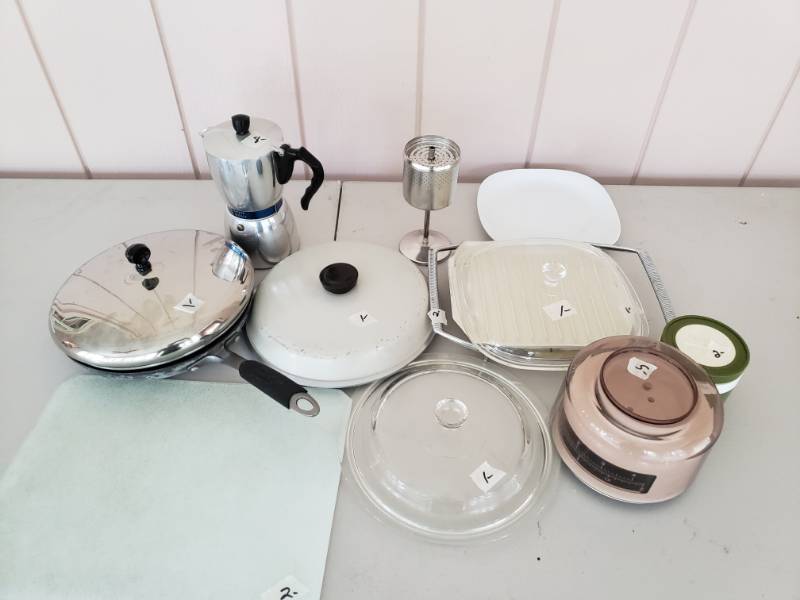 lot 1845 image: Lot of Kitchen Misfits ( Thermos, Skillet, Coffee Brewer, Cutting Board..)