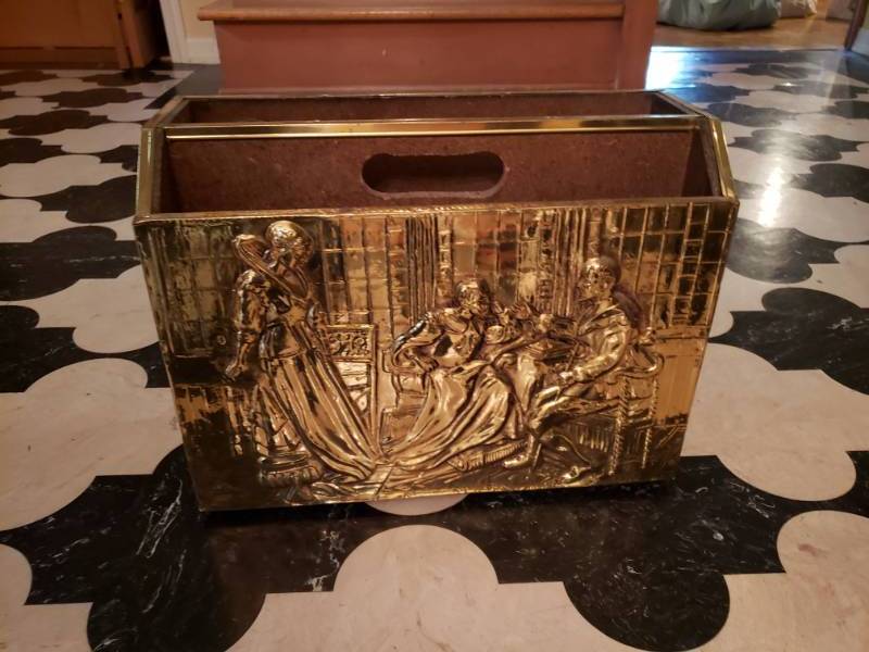 lot 1866 image: Vintage Beer Garden Brass & Wood Magazine Rack - Pressed Tin - Made in England