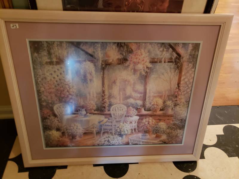 lot 1877 image: Wicker Patio with Flowers Wall Decor