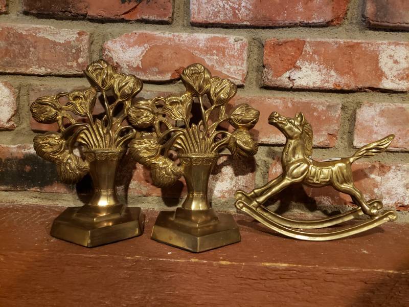 lot 1882 image: Brass Bookends and Brass Rocking Horse
