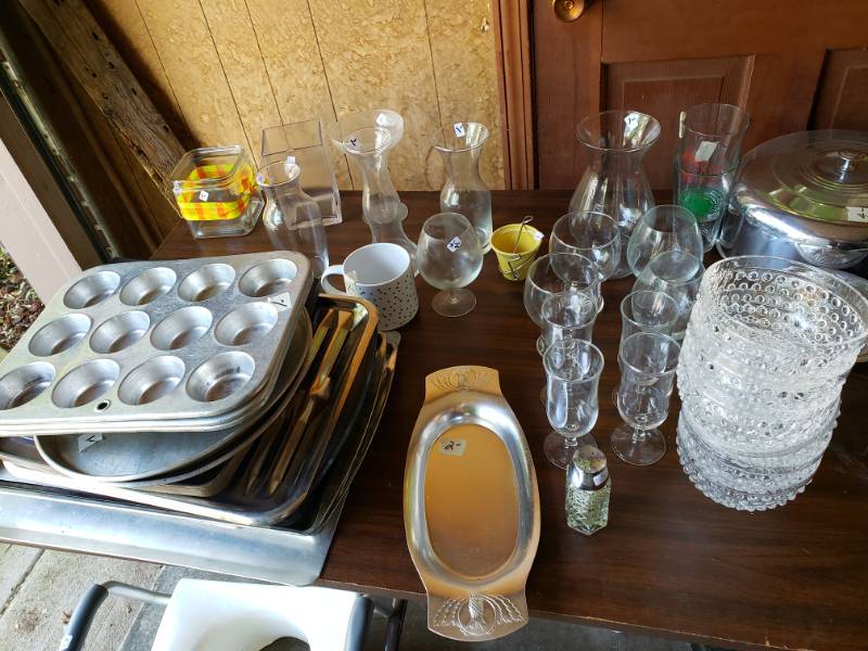 lot 1978 image: Table Top of Kitchen PansGlasses and More..