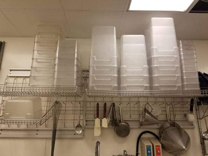 lot 2567 image: Metal Shelving Racks With Kitchen Utensils and Cambro Containers