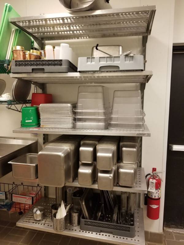 lot 2568 image: Metal Shelving Rack, Inset Pans, Sheet Pans And Accessories
