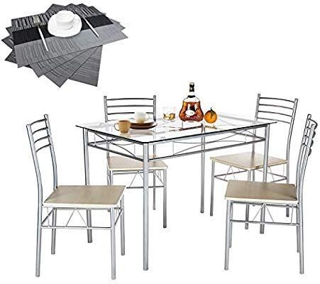 lot 9792 image: VECELO Dining Table with 4 Chairs 4 Placemats Included- Silver