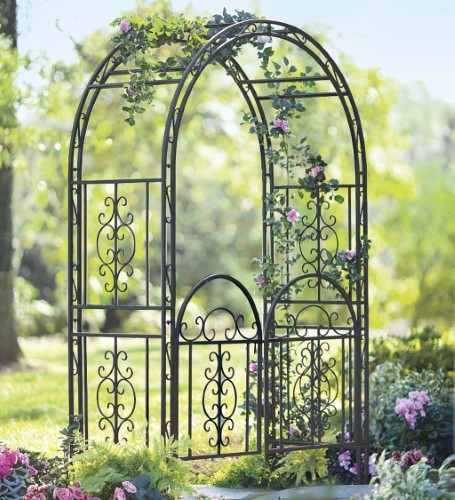 lot 9836 image: Iron Montebello Garden Arbor w Gate & Bronze Finish