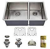 lot 3824 image: Zuhne 32 Inch Undermount 6040 Deep Double Bowl 16 Gauge Stainless Steel Modern Kitchen Sink