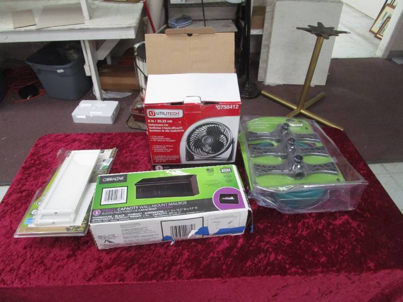 lot 1885 image: Wall Mount Mailbox, 8 Personal Fan, Port-A-Rain Sprinkler and LED Flat Panel Lights