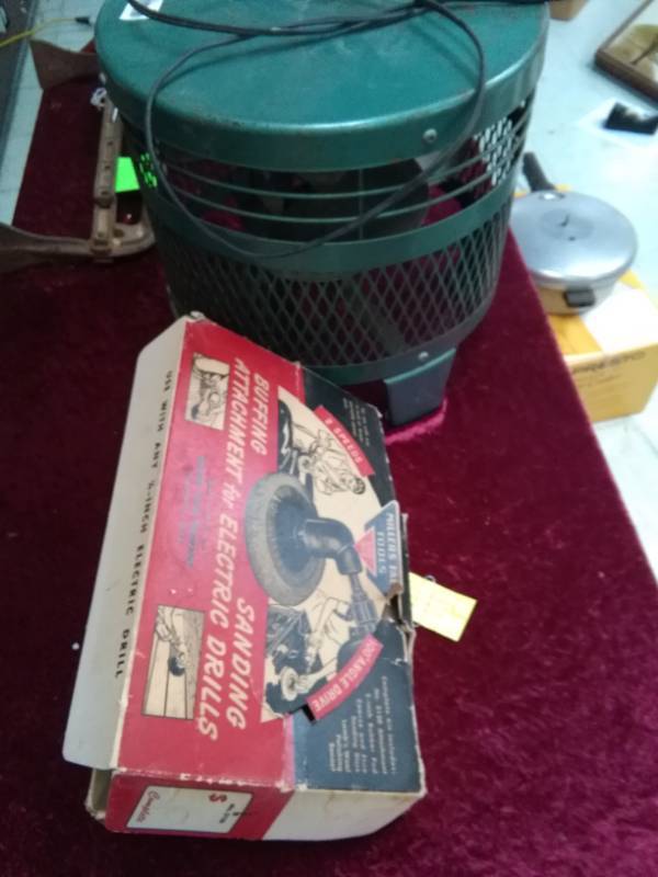 lot 5463 image: Vintage Metal Stool Fan & Buffing Sanding Attachment for Electric Drills