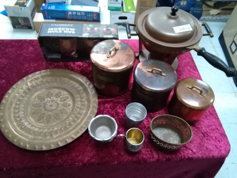 lot 5479 image: Bronze Hammered Platter, Copper Chafing Dish, Copper Canister Set, Copper Dish and Cups, Silver Childs Cup - Holmes & Edwards Silver Fashion Deep Silver