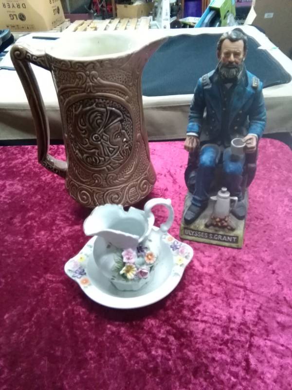 lot 5545 image: Spanish Made Pitcher, Lefton Mini Pitcher and Bowl Set and Ulysses Grant Liquor Decanter
