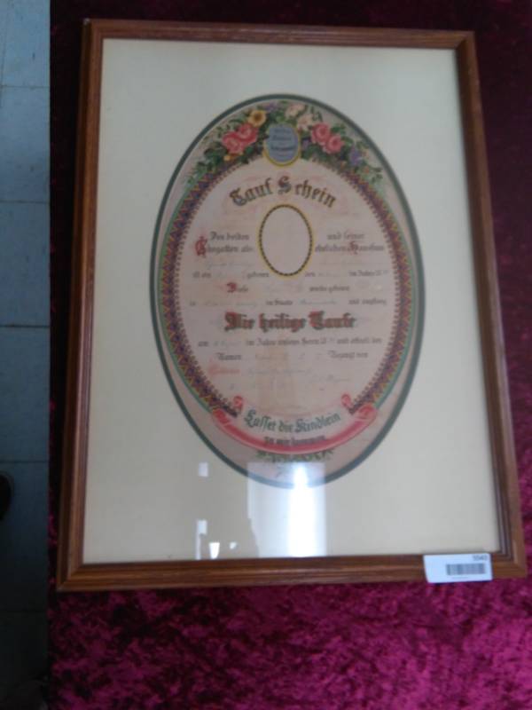 lot 5543 image: Framed German Certificate from 1846