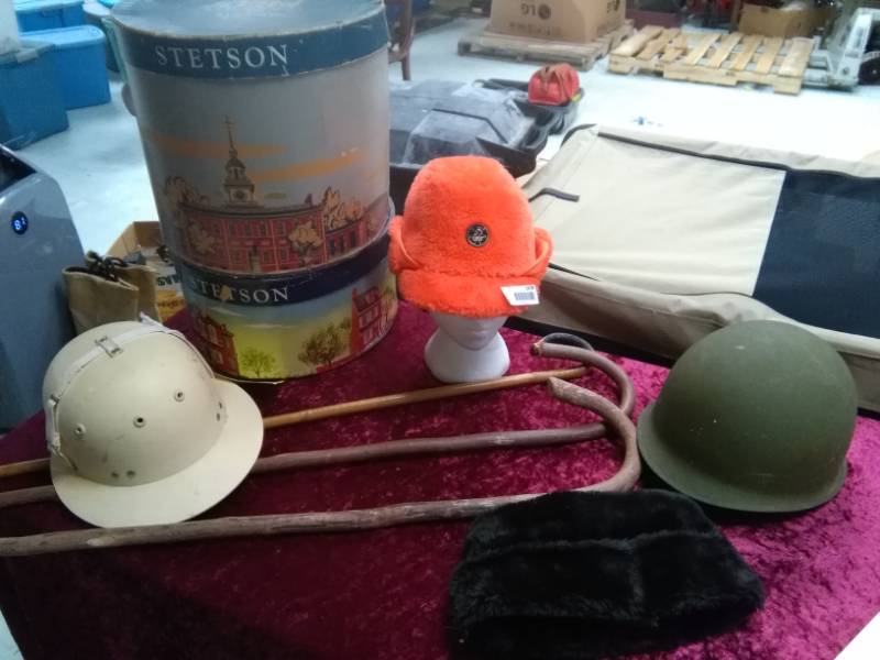 lot 5474 image: Two Stetson Hat Boxes, Mens Polo Hat, 1950s Orange Hunting Hat, Army Can Helmet, Fur Winter Hat