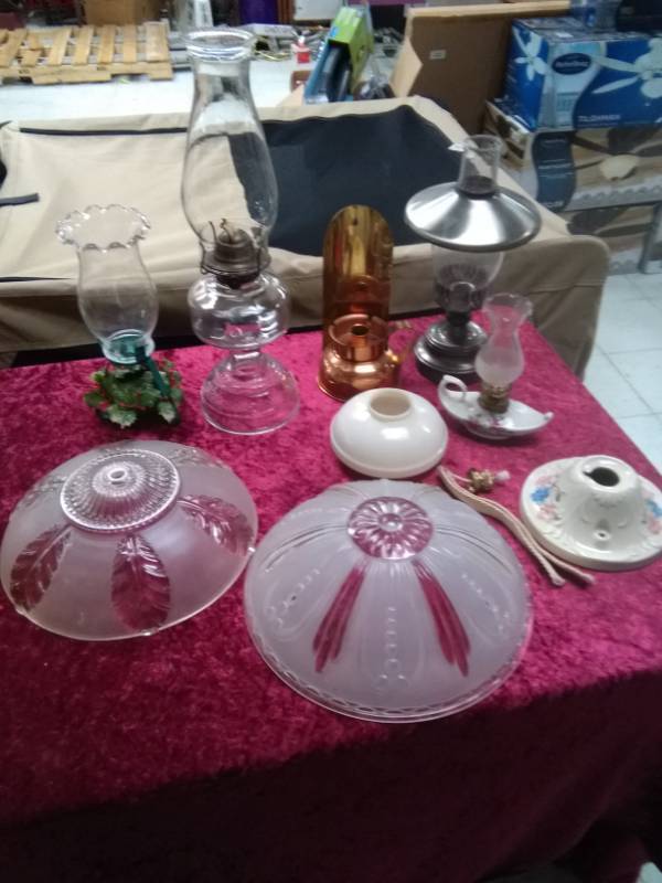 lot 5549 image: Lamps & shades Lot - Oil Lamps, Candle Lamps, Vintage Light Covers