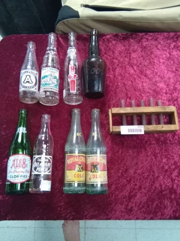 lot 5570 image: Vintage SodaPop, Coors Beer Bottles and Test Tubes in Wooden Holder