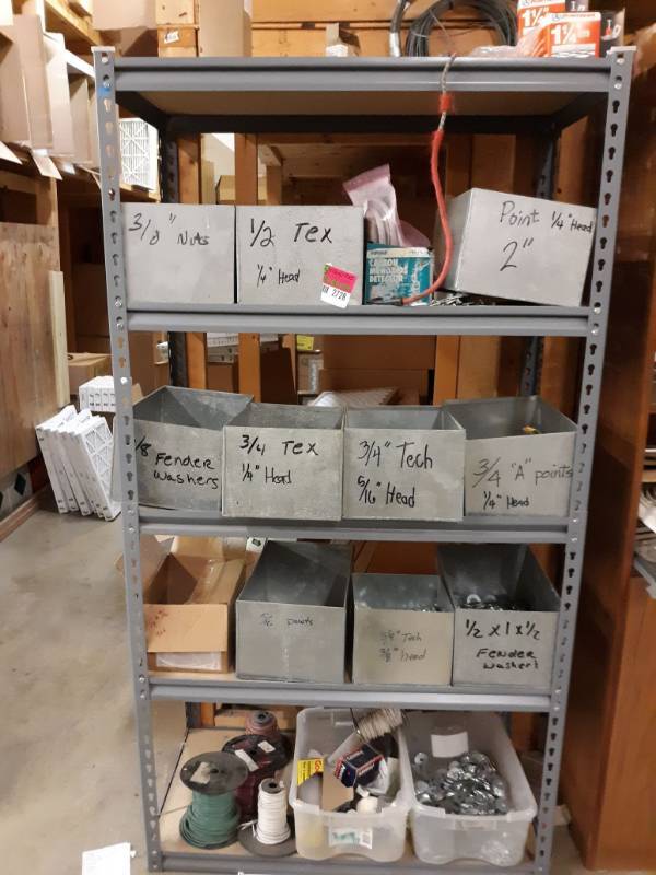 lot 2728 image: Shelves and Contents, Screws, Washers, Bolts, Nuts, Wires