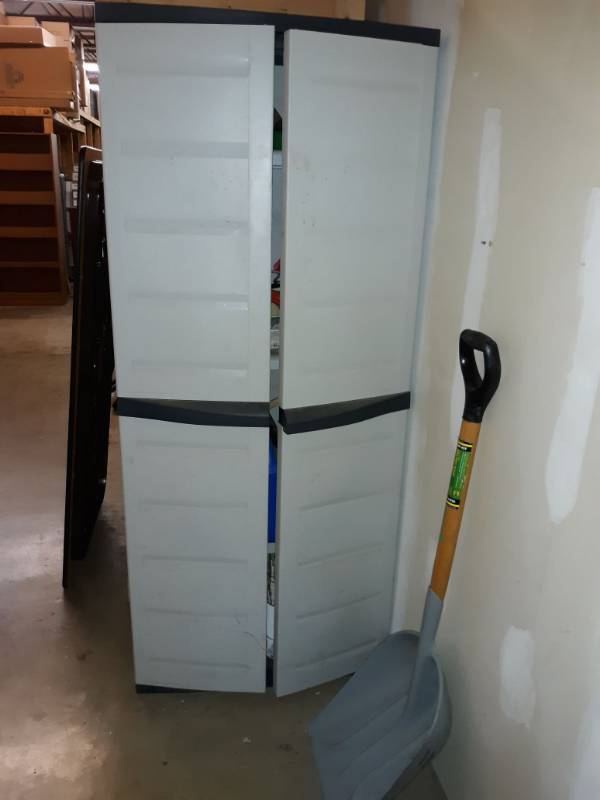 lot 2773 image: Plastic Storage Locker with Contents and Shovel