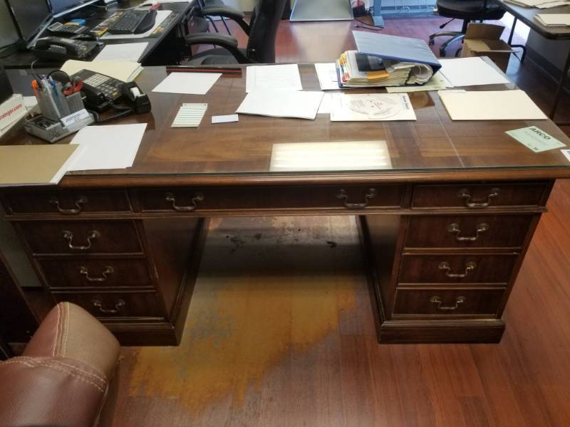 lot 2817 image: Wood Office Desk With Glass Top