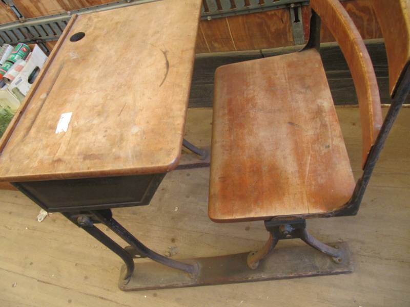 lot 2300 image: Vintage wood and metal school desk 24 wide x 28 deep