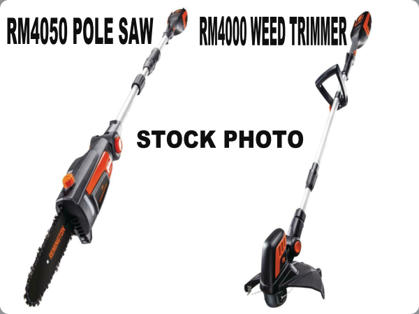lot 2225 image: RM4000 Cordless Weed Eater and RM 4050 Cordless Pole Saw - New Damage Box- 1 Battery and 1 Charger