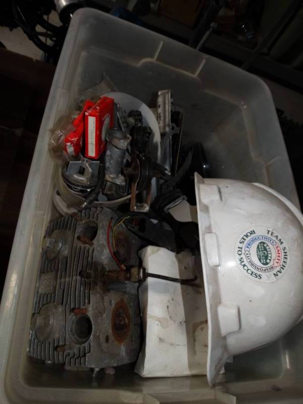 lot 133 image: Lot of misc motor bike parts and hard hat.