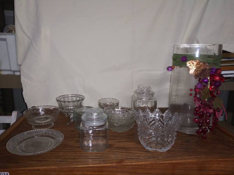 lot 2022 image: Collection of Crystal and Glass Canisters, Jello Mold, Candy and Nut Dishes, Glass Vase