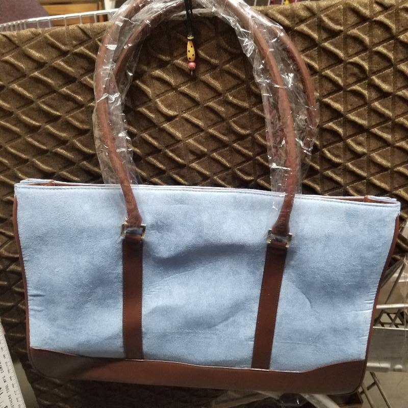 lot 2057 image: Blue Tote with Brown Bottom and Handles, New in Bag