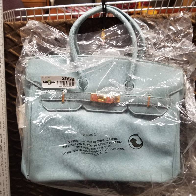 lot 2058 image: Gray Drawstring Type Purse with Gold Buckle, New in Bag