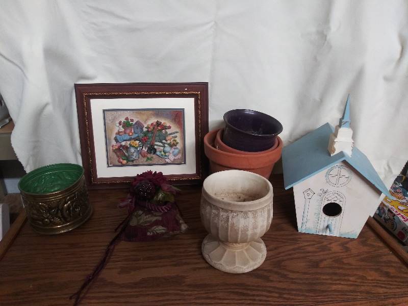 lot 2069 image: Framed Picture of Gardening Supplies, pots for plants, Church Birdhouse, sachtal, Brass catchall