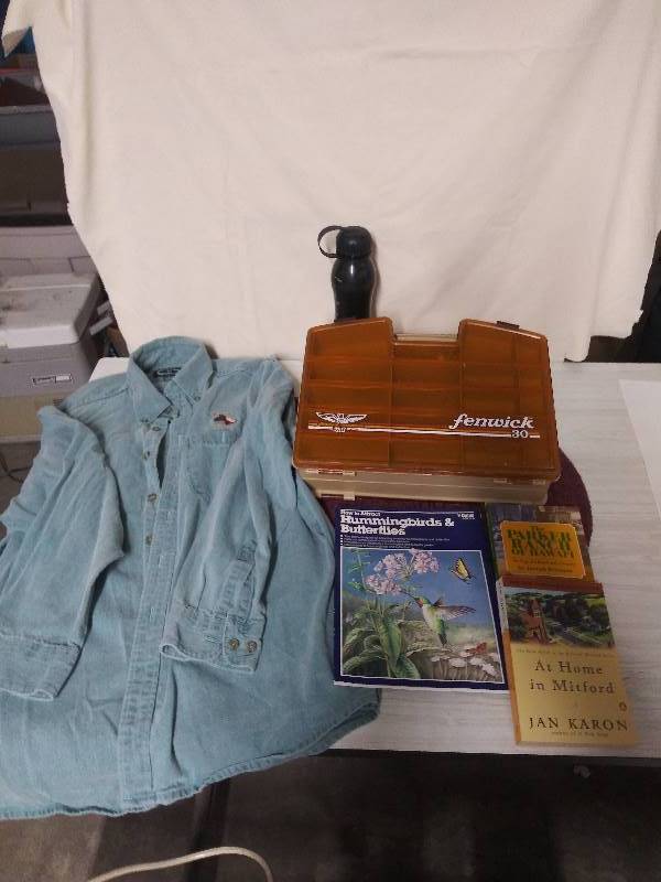 lot 2078 image: Fenwick Eagle Satchel Tackle Box Woodstream Double Sided VTG THREE RIVERS BLUE DENIM BUTTON UP SHIRT LONG SLEEVE L 80 90s 3 books, black plastic drink container