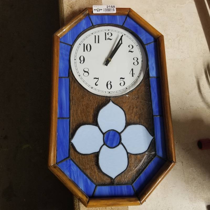 lot 2168 image: Vintage Wood and Stain glass Wall Clock