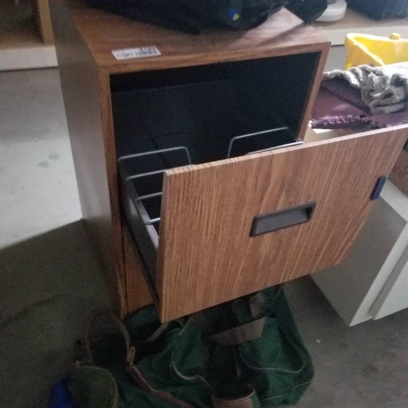lot 2180 image: Two Drawer File Cabinet, Light Travel Bags, Clown picture on foil