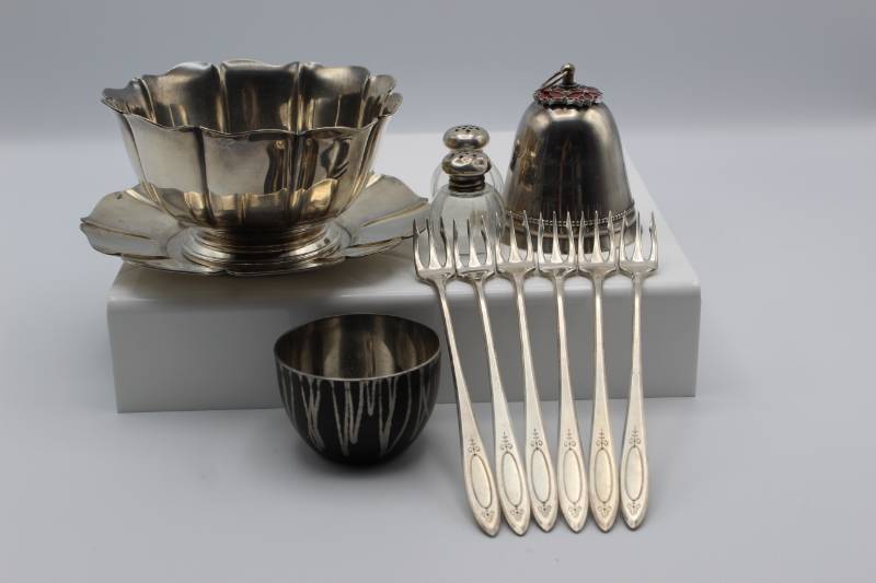 lot 1654 image: Silver Lot Bowl, Bell, Shakers, Saucer & Forks