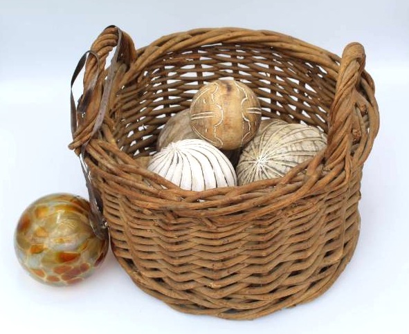 lot 1719 image: Decorative Wood and Glass Balls in Basket