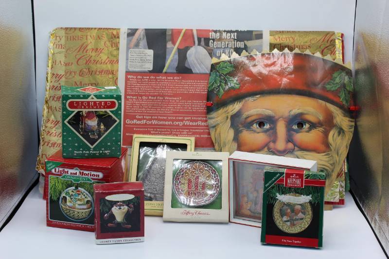 lot 1774 image: Vintage Santa Mask , Christmas Ornaments, and Tissue