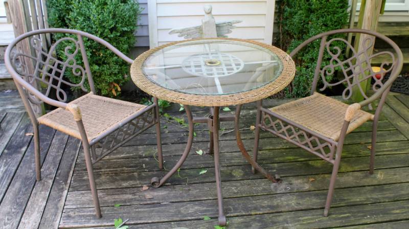 lot 1788 image: Outdoor Wicker and glass bistro table and 2 chairs