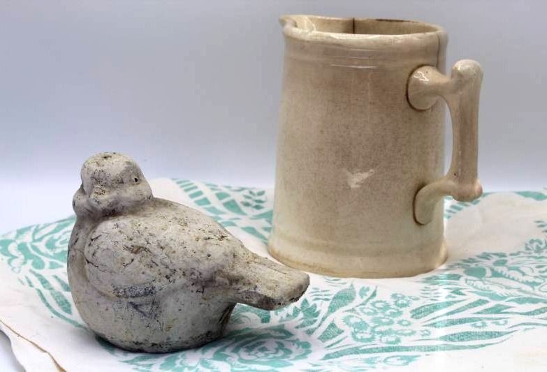 lot 1690 image: Antique China Pitcher, Flour Cloth & Clay Bird