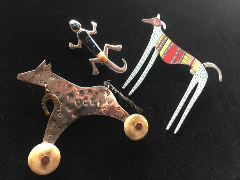lot 1936 image: Sterling Silver with Turquoise Lizard Pin, Lucky Horse and Houndog pins.