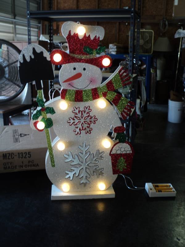 lot 9714 image: National Tree Company Wooden Snow Man, lights up, take (3) AA batteries not included