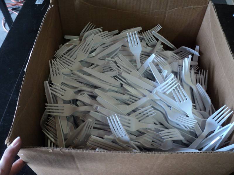 lot 9726 image: (1) box Solo brand plastic forks, approx 500