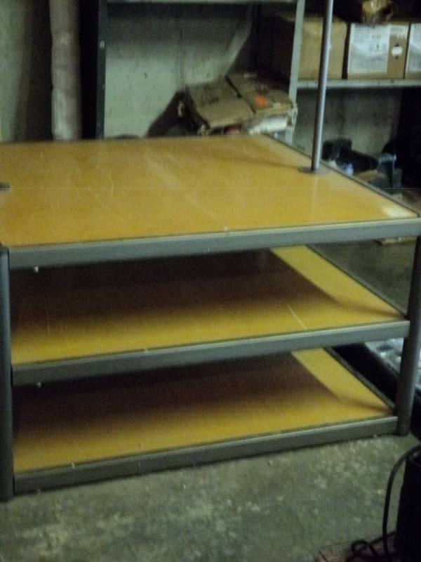 lot 9733 image: Display Table with clothes rack , approx  44 x 48 x 6 tall, 2 shelves