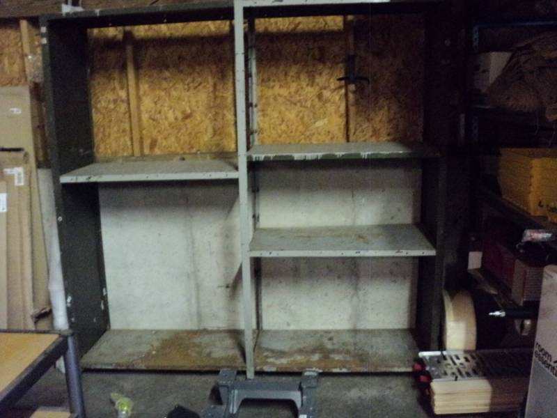 lot 9787 image: Double Metal shelf, 74 x 18 x 73 tall, Olive drab gray, does disassemble, but some pieces are still nearly 6 long , please plan accordingly