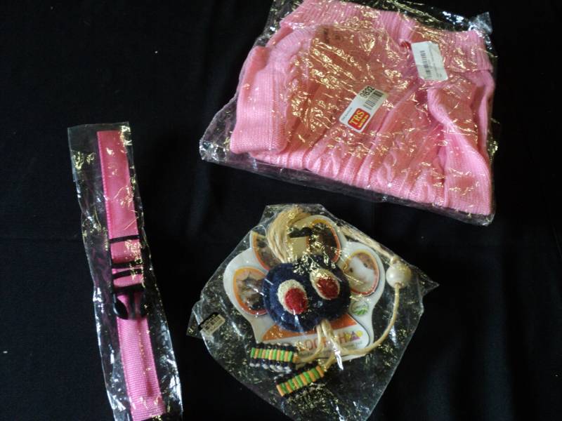 lot 9832 image: (3) ct mixed lot Pet Sweater, Collar, Eco loofah